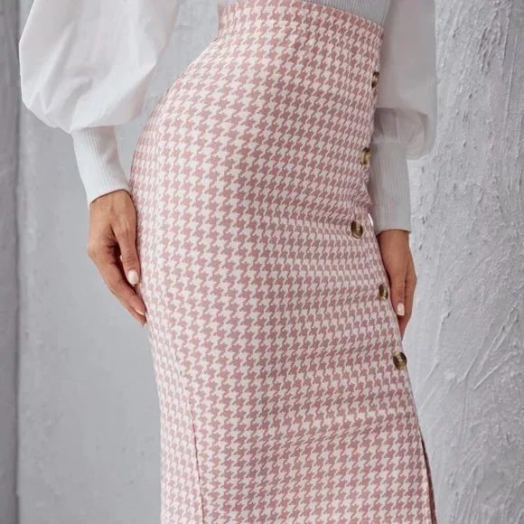 Button Detailed Houndstooth Print Midi Skirt - pink - Picture 4 of 6
